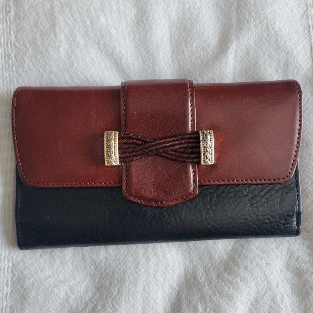 Vintage Brighton Brown And Black Leather Wallet Large Woven Embellishment